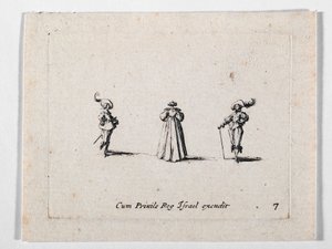 En dame med rigt plisseret kjole, set bagfra, og to kavalerer, fra Les Fantaisies de Noble J. Callot ... (kobberstik) af Jacques Callot