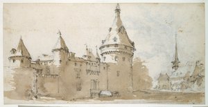 Et tårnslot og en kirke (brun og grå vask over sort kridt på papir) af Jacques Callot