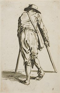 Tigger på krykker og med hat, set bagfra, planche fem fra The Beggars af Jacques Callot