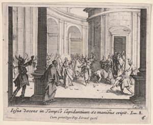 Kristus bliver stenet fra templet af Jacques Callot