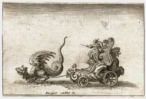 Kamp mod barrieren: En stridsvogn trukket af en drage ... (kobberstik) af Jacques Callot