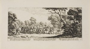 Opdagelsen af de kriminelle soldater, planche ni fra Krigens elendighed af Jacques Callot