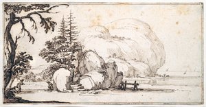 Fantastiske klipper ved kysten, bygninger ved kysten (pen og brunt blæk på papir) af Jacques Callot