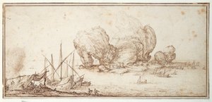 Fantastiske klipper, befæstet. Forsendelse. Søfarende bivuak i syne af deres fartøj (Le Grand Rocher) (pen og blæk på papir) af Jacques Callot