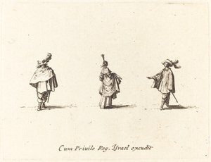 Dame med kjole samlet og to herrer af Jacques Callot