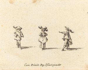 Dame med store faner og to herrer af Jacques Callot