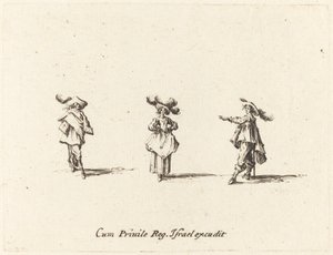 Dame med store faner og to herrer af Jacques Callot