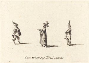 Dame med plymerhat og to herrer, formentlig 1634. af Jacques Callot