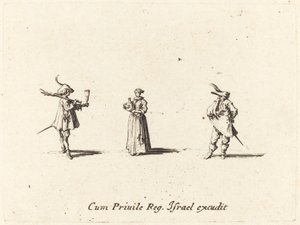 Dame med vinflaske og to herrer, formentlig 1634. af Jacques Callot