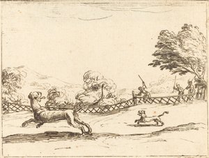 Løvinde og unge forfulgt af jægere af Jacques Callot