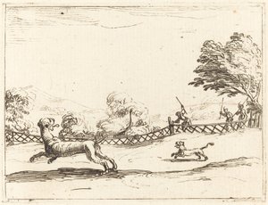 Løvinde og unge forfulgt af jægere af Jacques Callot