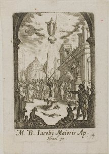 Sankt Jakob den Stores martyrium, planche fire fra Apostlenes martyrier af Jacques Callot