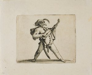 Maskeret komiker spiller guitar, fra Varie Figure Gobbi af Jacques Callot