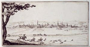 Nancy i det fjerne: harrier, der forfølger en hare (pen & brunt blæk på papir) af Jacques Callot