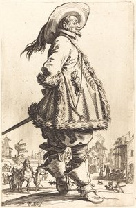 Ædel mand med kappe trimmet i pels, holder hænderne bag ryggen, ca. 16201623. af Jacques Callot