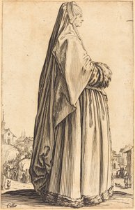 Ædel kvinde iført slør og kjole trimmet i pels af Jacques Callot