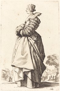 Ædel kvinde i profil med hænderne i en muffe af Jacques Callot