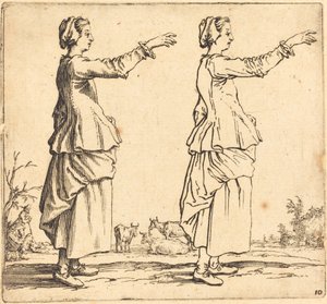 Bondekvinde, i profil, vendt mod højre, med strakt arm af Jacques Callot