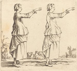 Bondekvinde, i profil, vendt mod højre, med strakt arm af Jacques Callot