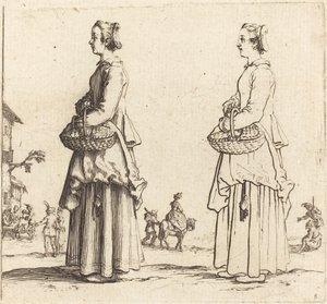Bondekone med kurv, i profil, vendt mod venstre, 1617 og 1621. af Jacques Callot