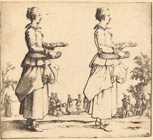 Bondekone med kurv, i profil, vendt mod højre, 1617 og 1621. af Jacques Callot