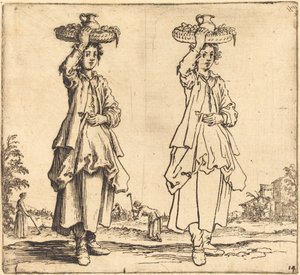 Bondekvinde med kurv på hovedet set forfra af Jacques Callot