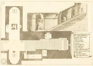 Plan og del af forhøjningen af Madonnaens Hellige Gravs Kirke af Jacques Callot