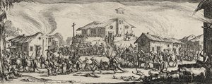 Plyndring og afbrænding af en landsby, 1633 (radering på bindet papir) af Jacques Callot