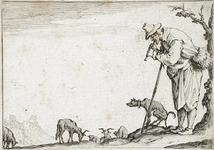 Hyrde, der spiller fløjte af Jacques Callot