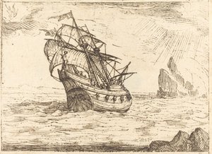 Skib, der navigerer i nærheden af klipper. af Jacques Callot