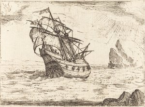 Skib, der navigerer i nærheden af klipper af Jacques Callot