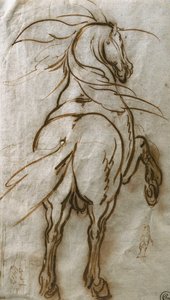 Undersøgelse af en opdrætshest, med en datterundersøgelse af samme og en udsigt over en by, af Jacques Callot