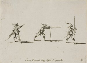 Indtager affyringspositionen med musketten, plade otte fra The Military Exercises af Jacques Callot