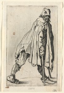 Tiggerne: Tiggeren på krykker, iført kasket, ca. 1623. af Jacques Callot