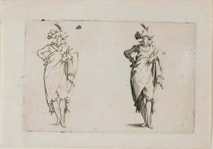 The Gentleman Set for the Front, med sin højre hånd på hoften, fra The Caprices af Jacques Callot