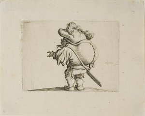 Den store mavede mand dekoreret med en linje af knapper, fra Varie Figure Gobbi af Jacques Callot