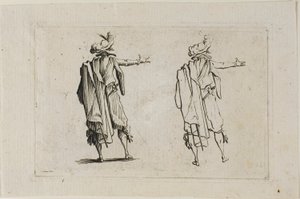 Manden set bagfra, højre arm hævet, fra The Caprices af Jacques Callot