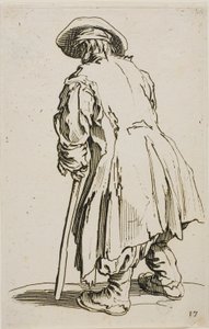 Den gamle tigger, der læner sig op ad sin krykke, tallerken sytten fra Tiggerne af Jacques Callot