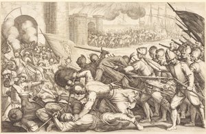 Tropperne tvinger sig gennem porten til en by af Jacques Callot