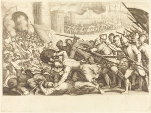 Tropperne, der tvinger porten til en by, ca. 1614. af Jacques Callot