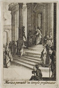 Jomfru Maria præsenteret ved templet, fra Jomfruens liv af Jacques Callot