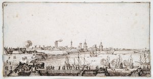 Udsigt over havnen i La Rochelle med galeoner, der affyrer en salut (pen og brunt blæk på papir) af Jacques Callot