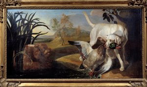 Braque hund holder en gråand i munden Maleri af Jacques Charles Oudry (1720-1778) Paris fra det 18. århundrede, dekorativ kunst af Jacques Charles Oudry