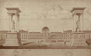 Plan for, at monumenterne til minde om 14. juli og 10. august skal placeres på Place du Carrousel (pen og blæk på papir) af Jacques Delannoy
