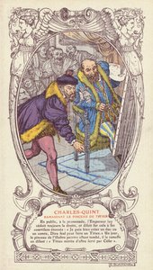Karl V samler Titians pensel op, efter at han tabte den under arbejdet med et portræt af kejseren (farve litografi)