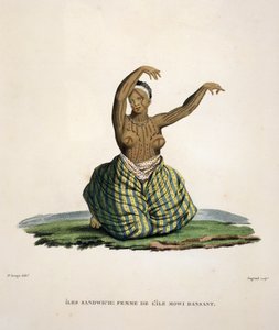 Dansende kvinde fra øen Maui på Hawaiiøerne, graveret af Parfait Augrand (f.1782)