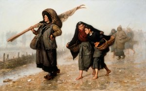 Skaldyrssamlerne. Bondekvinder, barfodede eller iført træsko, på vej hjem med deres kurve fulde af skaller og beskytter sig mod regnen. Maleri af Jacques Eugene Feyen (1815-1908). Olie på lærred. Privat samling.