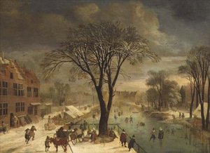 Vinterscene med skatere på en frossen flod af Jacques Fouquieres