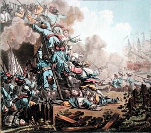 Tilfangetagelse af fortet San Salvador, Sicilien (1674), indgraveret af Jean Baptiste Morret (fl.1790-1820)
