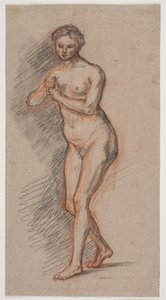 Kvindelig modelfigur med hænderne foran brystet af Jacques Francois Joseph Saly